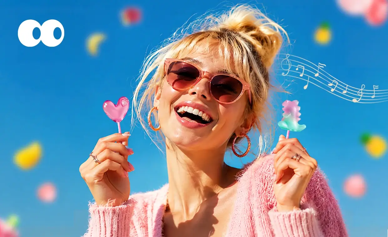 A woman smiling with a heart lollipop and a dinosaur lollipop, music notes floating in the air